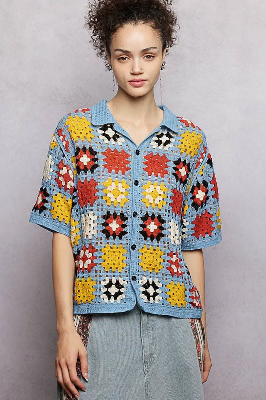 POL Crochet Short Sleeve Relaxed Fit Shirt