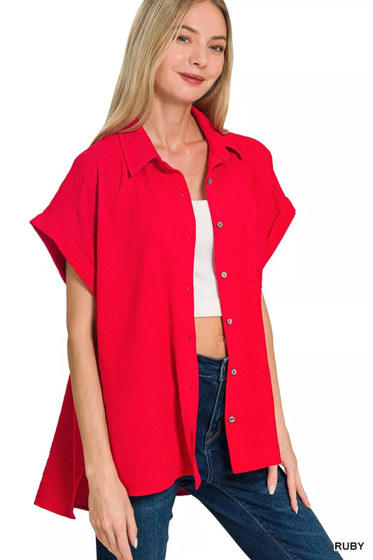 Zenana Woven Airflow Button Down Shirt
