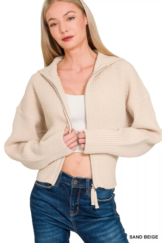 Zenana Ribbed Collared Zip Up Sweater Cardigan