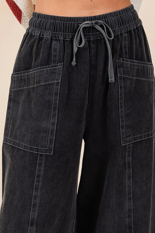 Mittoshop Mineral Wash Wide Leg Elastic Waist Twill Pants