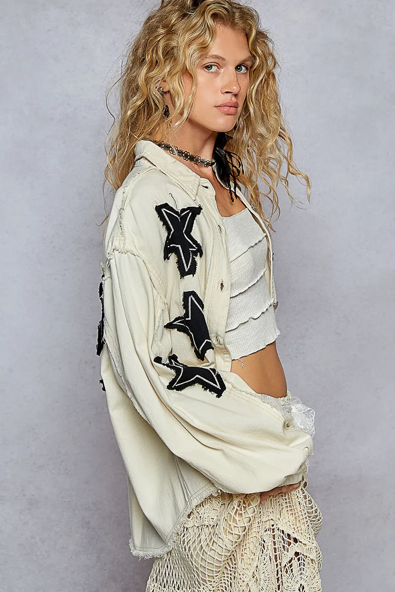 POL Star Patch Raw Hem Button Up Denim Jacket