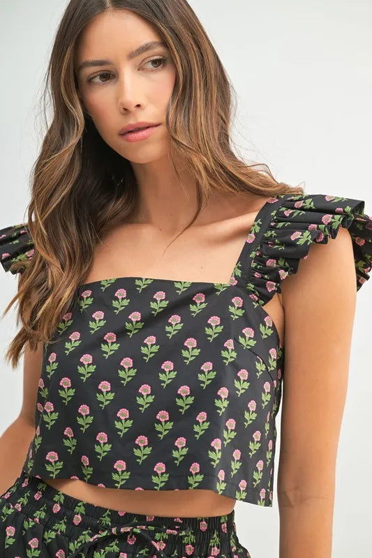 MABLE Floral Print Ruffle Top and Pants Set