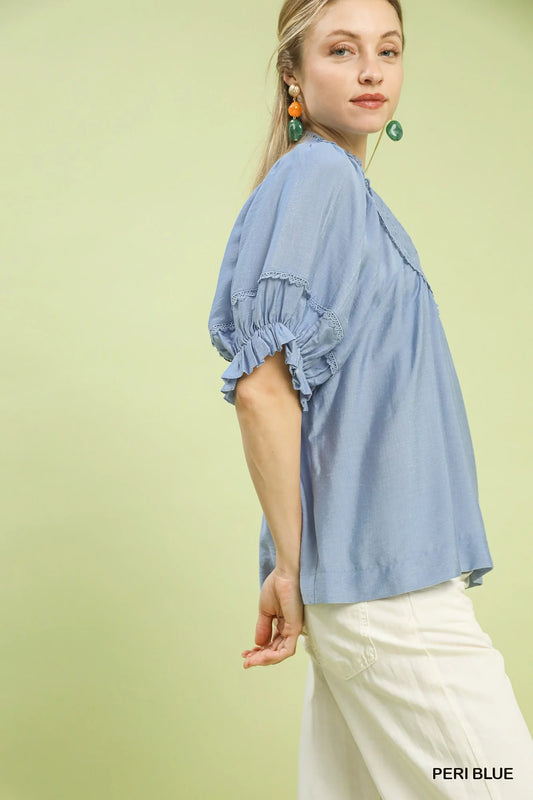 Umgee Smocked Yoke Blouse with Ruffle Sleeves