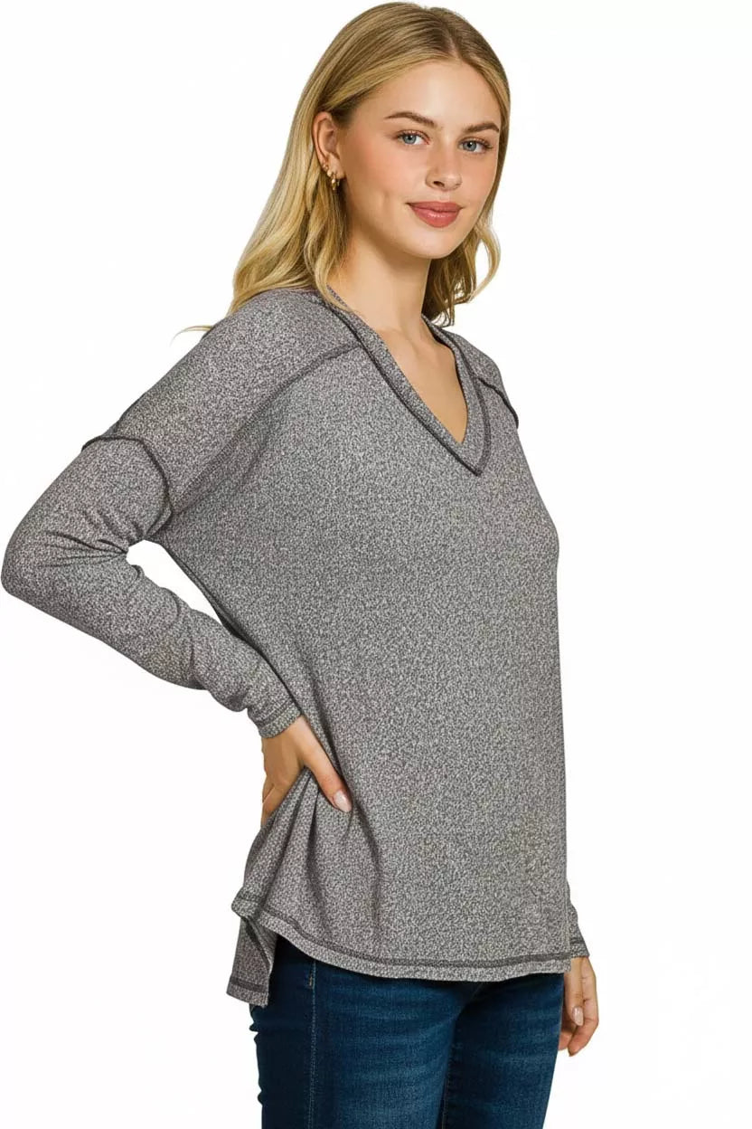 Zenana Soft Melange Hacci Exposed Seam Hi-low Tee
