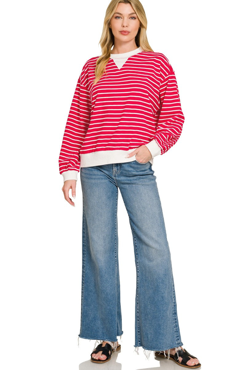 Zenana Striped Rib Banded Sweatshirt