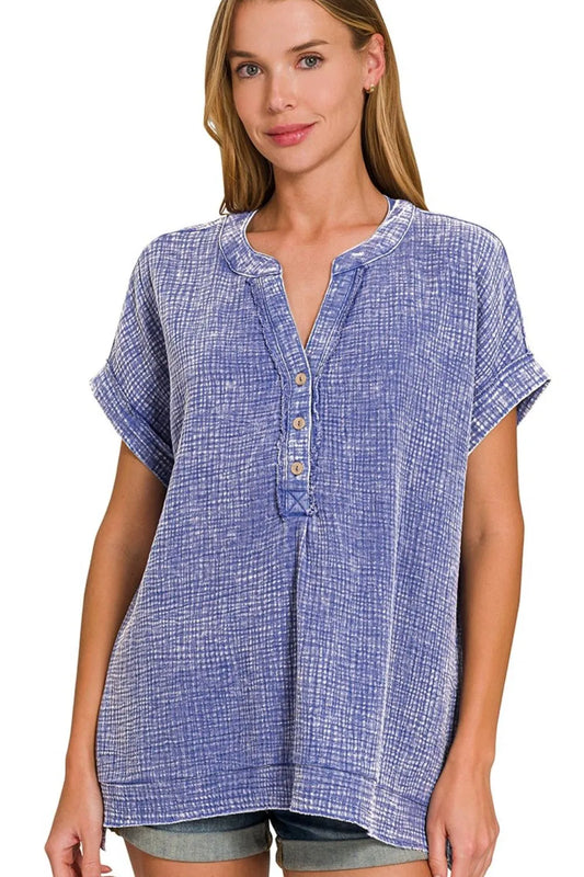 Zenana Washed Double Gauze 3/4 Button Henley Neck Shirt
