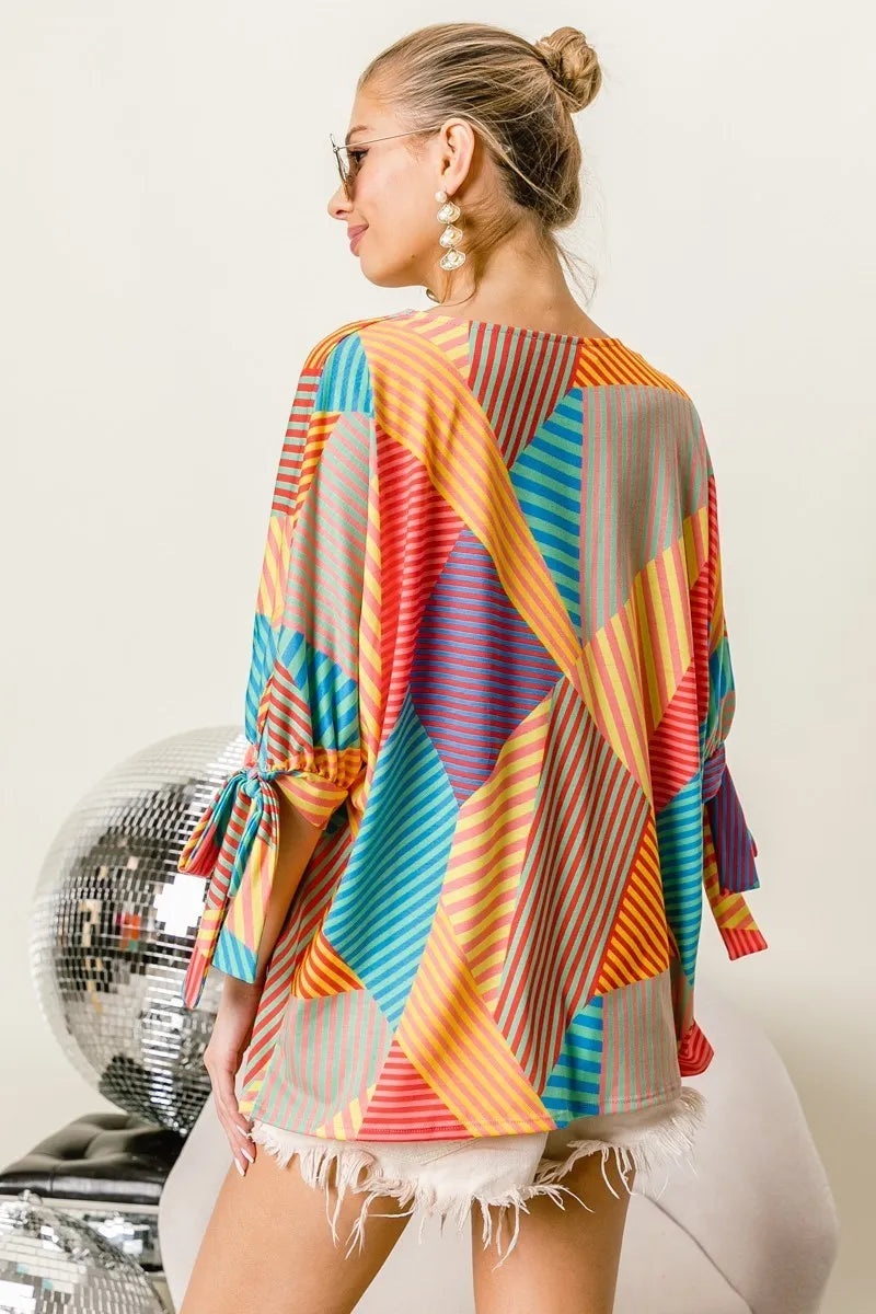 BiBi Multi Stripe Block Printed Jersey Blouse with Tied Sleeves