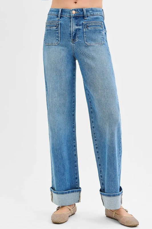 RISEN Full Size Elastic Band Mid Rise Wide Front Patch Pocket Cuff Jeans Plus Size