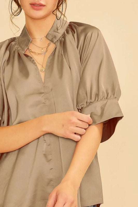 Annie Wear Satin V Neck Open Short Sleeve Woven Blouse Top