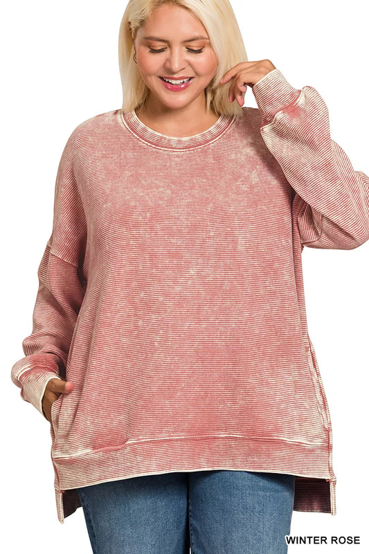 Zenana Full Size Acid Washed Double Ribbed Hi-low Sweatshirt Plus Size