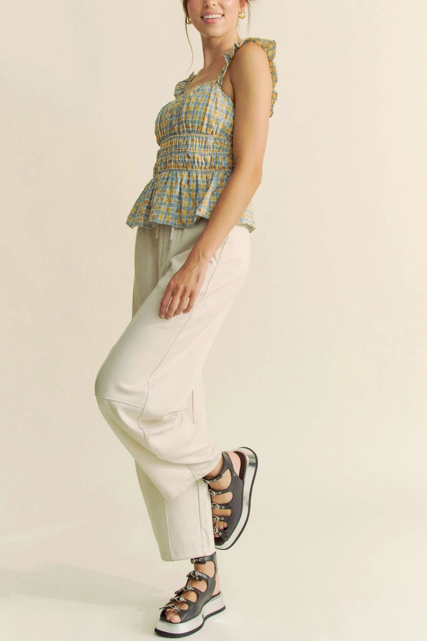 Davi & Dani Plaid Ruffled Strap Smocked Sleeveless Top