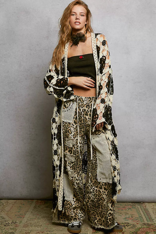 POL Open Front Crochet Longline Cardigan