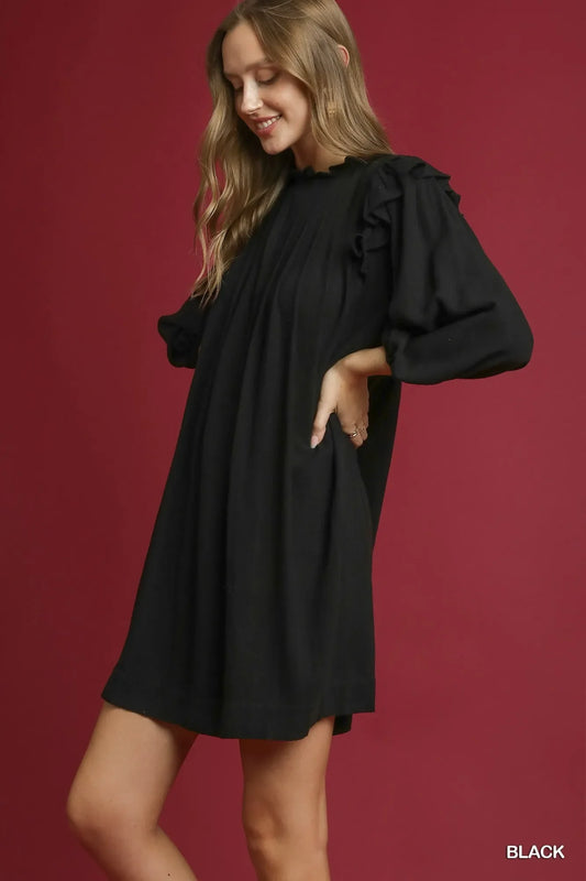 Umgee Linen Ruffle Shoulder Pleated Babydoll Dress