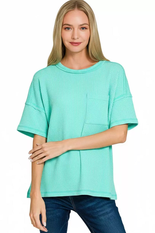 Zenana Raised Rib Exposed Seam Short Sleeve Top
