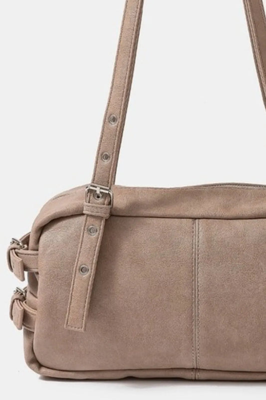 Fame Multi Grommet Belt Strap Rustic Rectangular Hand Bag