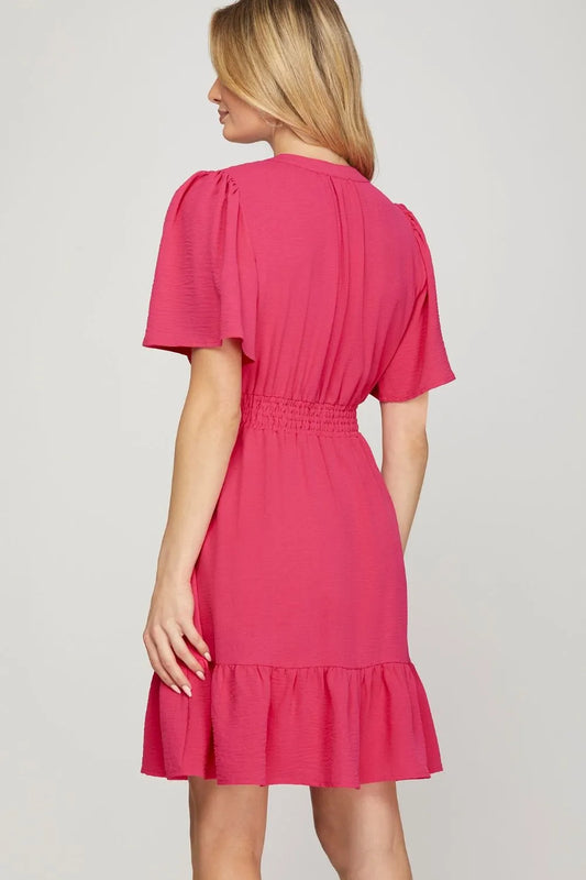She + Sky Ruffled Hem Notched Flutter Sleeve Mini Dress