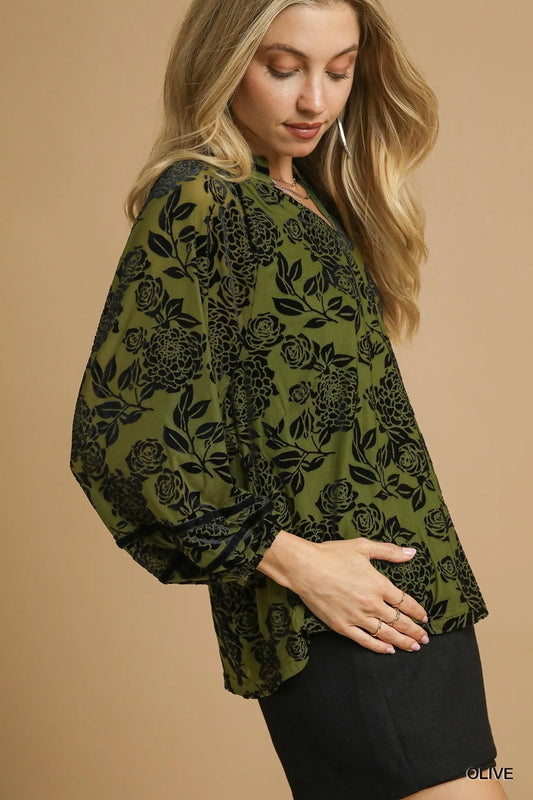 Umgee Full Size Floral Velvet Blouse with Balloon Sleeves Plus Size