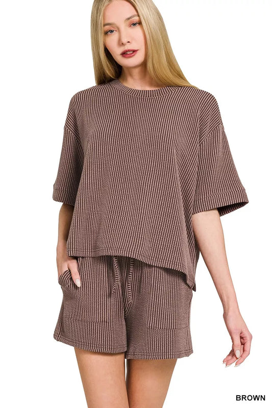 Zenana Raised Rib Short Sleeve Tee and Drawstring Shorts Set
