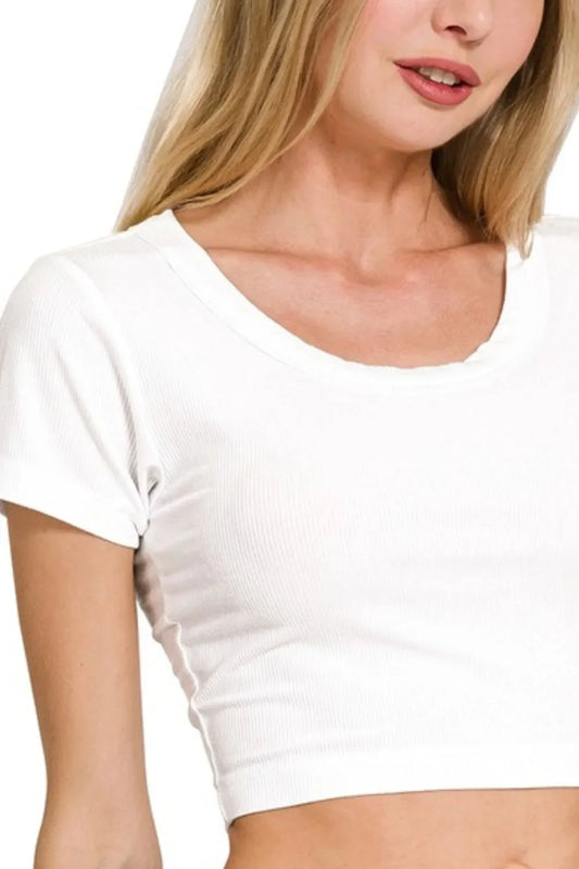 Zenana Ribbed Scoop Neck Crop Short Sleeve Top
