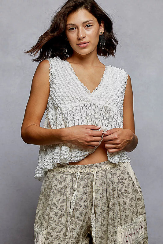 POL Textured Lace Cropped Tank with Trim Detail