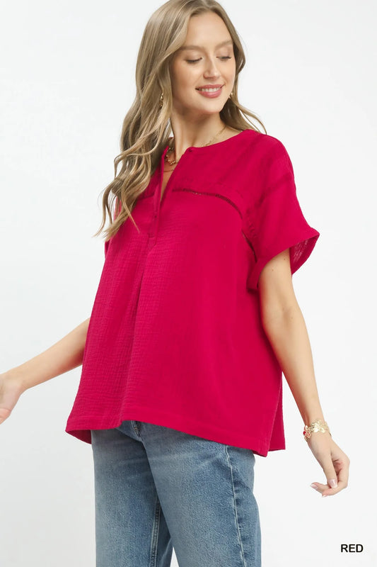 Umgee Textured Gauze Split-Neck Boho Blouse