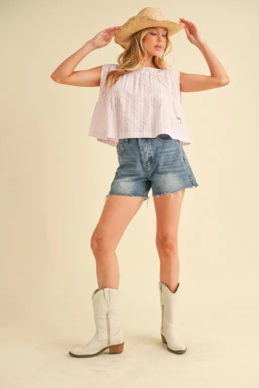 Aemi+Co Ruched Striped Round Neck Sleeveless Top