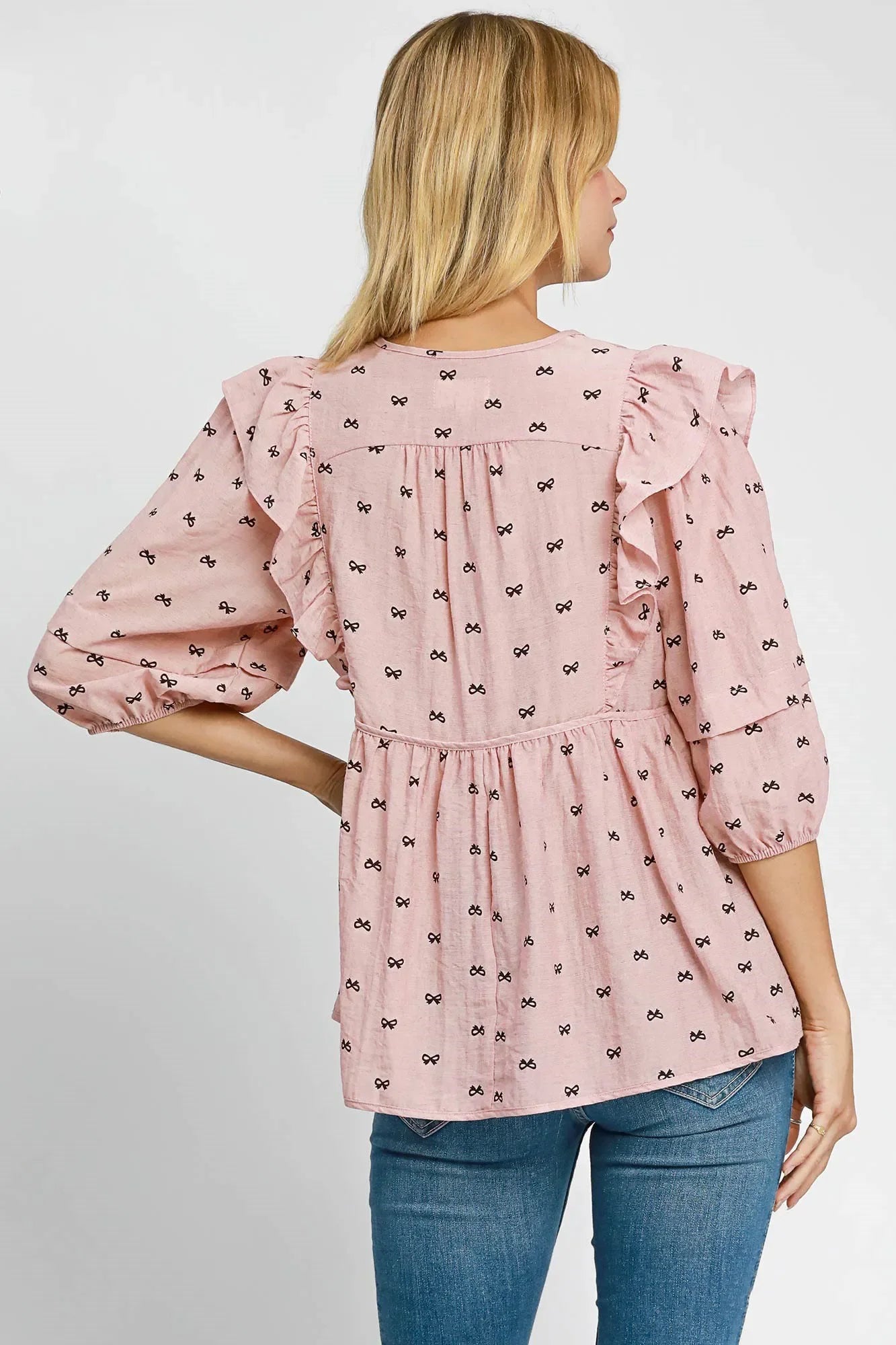 Umgee Full Size Ruffled Bow Print Tie Neck Peplum Blouse Plus Size