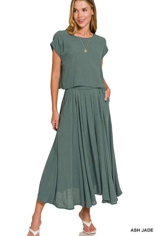 Zenana Woven Crinkle Gauze Crop Tee and Skirt Set