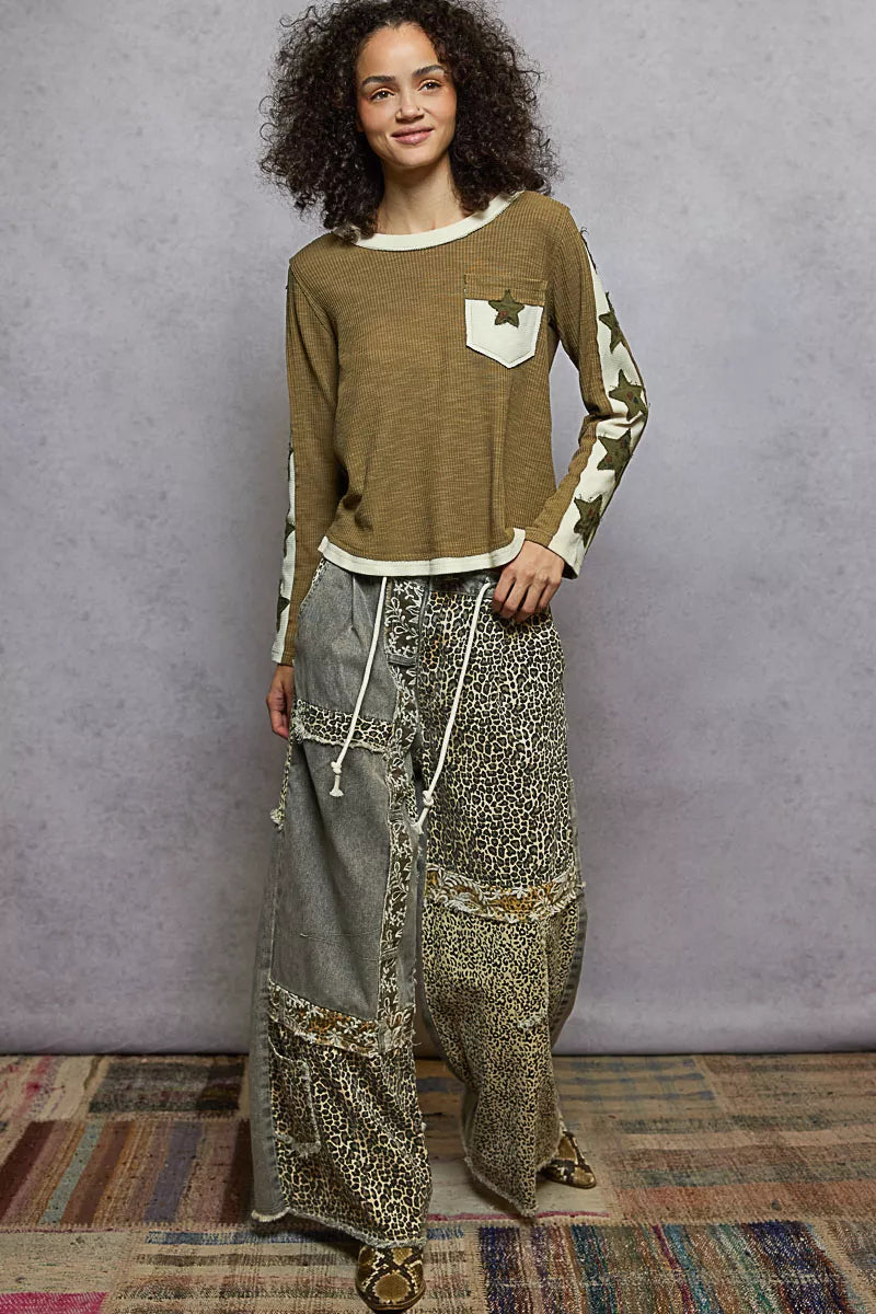 POL Round Neck Long Sleever T-Shirt with Star Patch