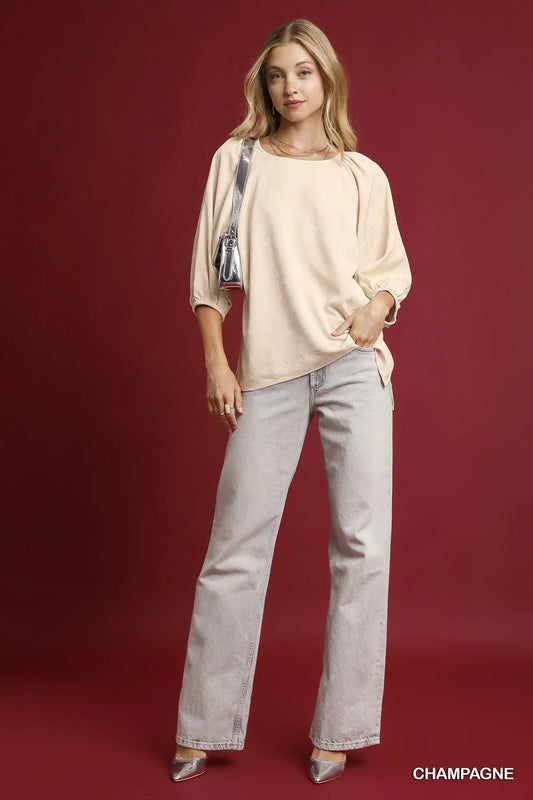 Umgee Satin Jacquard Balloon Sleeve Blouse