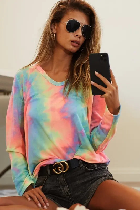BiBi Tie Dye French Terry Long Sleeve Knit Top
