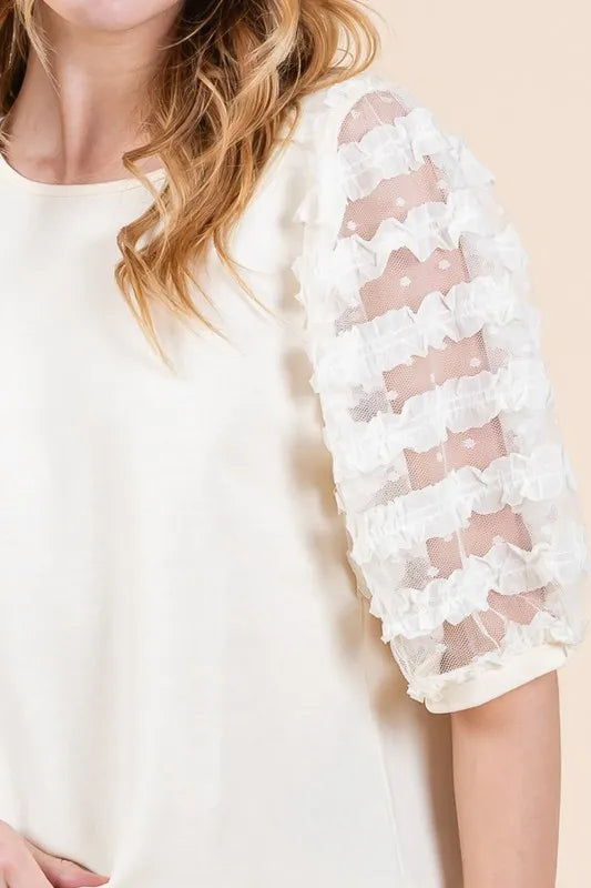 Lime 'N' Chili Full Size Lace Puff Sleeve Round Neck Top Plus Size