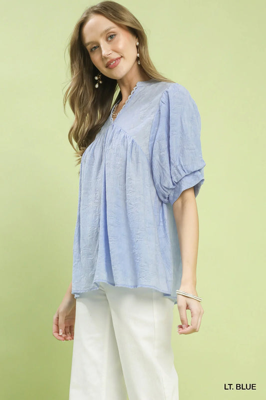 Umgee Textured Lace Trim V-Neck Boho Blouse