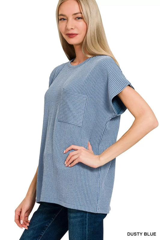 Zenana Raised Rib Front Pocket Boxy Top