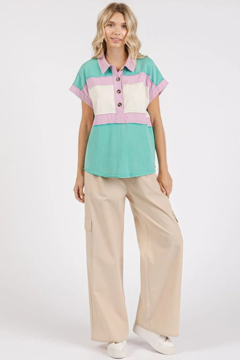 Mittoshop Color Block Henley Short Sleeve Polo Shirt