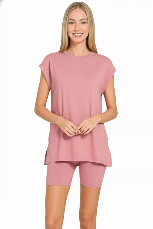 Zenana Brushed Dty Microfiber Top & Biker Shorts