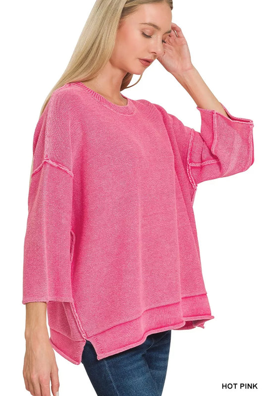 Zenana Washed 3/4 Sleeve Boxy Sweater
