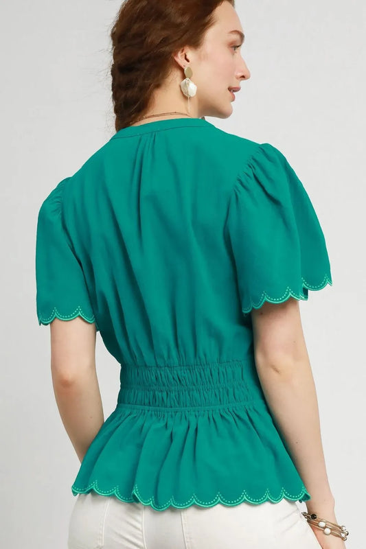 Umgee Scalloped Edge Flutter Sleeve Blouse