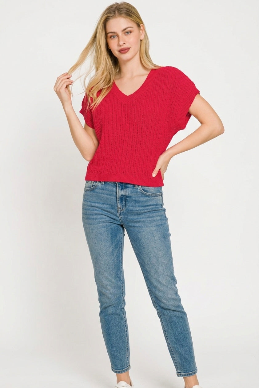 Zenana Textured Knit V-Neck Cropped Sweater