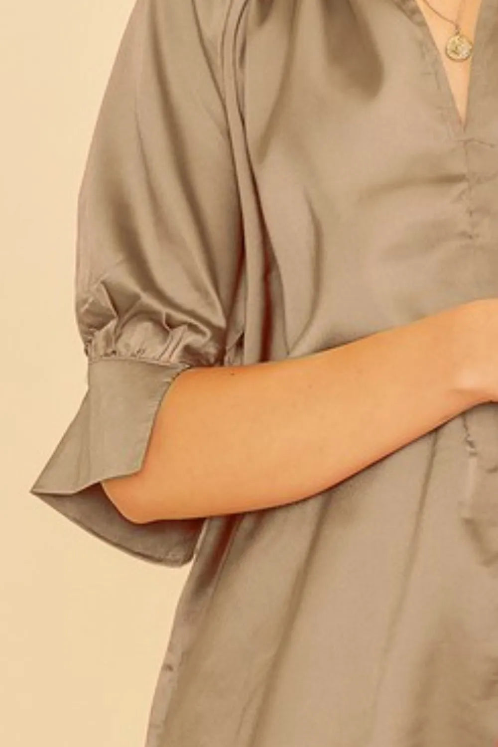 Annie Wear Satin V Neck Open Short Sleeve Woven Blouse Top