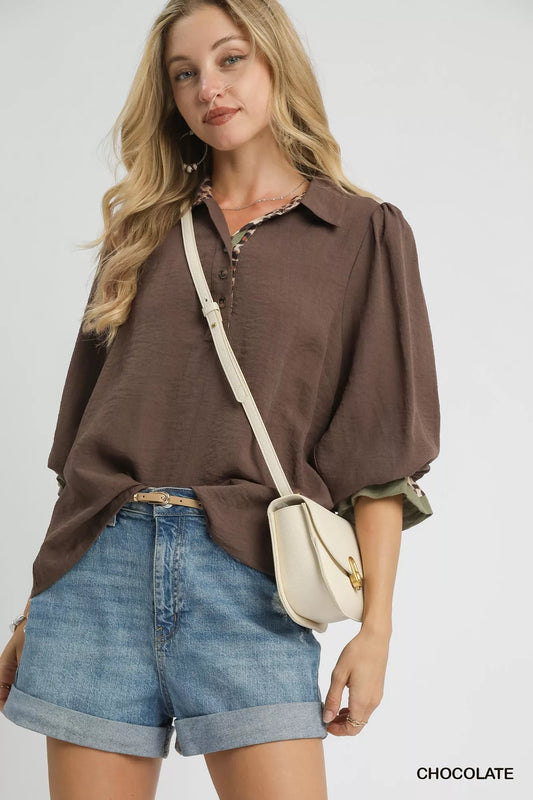 Umgee Half Button Blouse with Leopard Print Trim