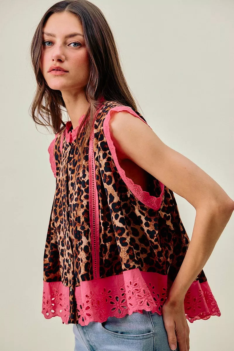 SO ME Leopard Button Up Pleated Sleeveless Blouse