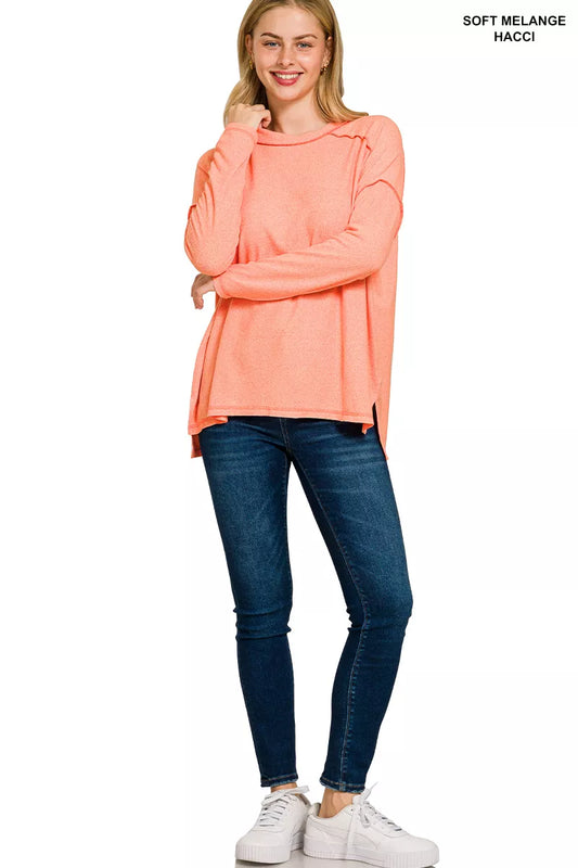 Zenana Full Size Melange Hacci Exposed Seam Hi-low Tee Plus Size