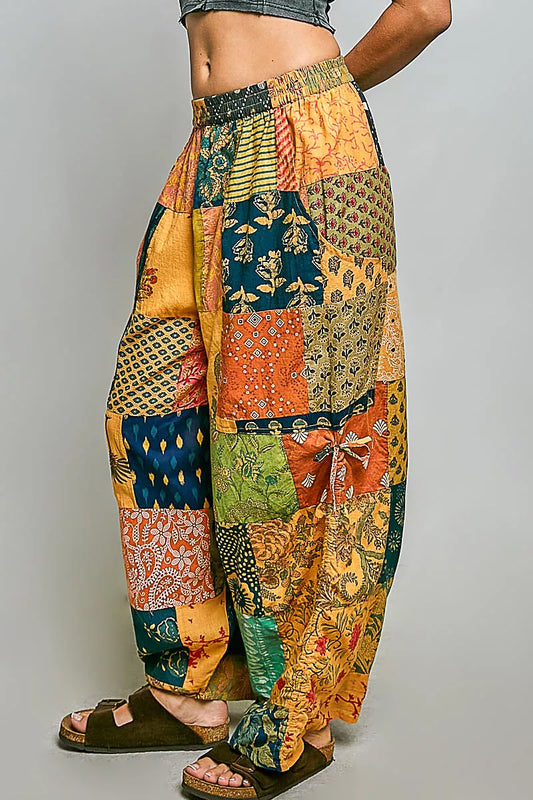 POL Printed Patchwork Wide Leg Pants with Adjustable Side Drawstring