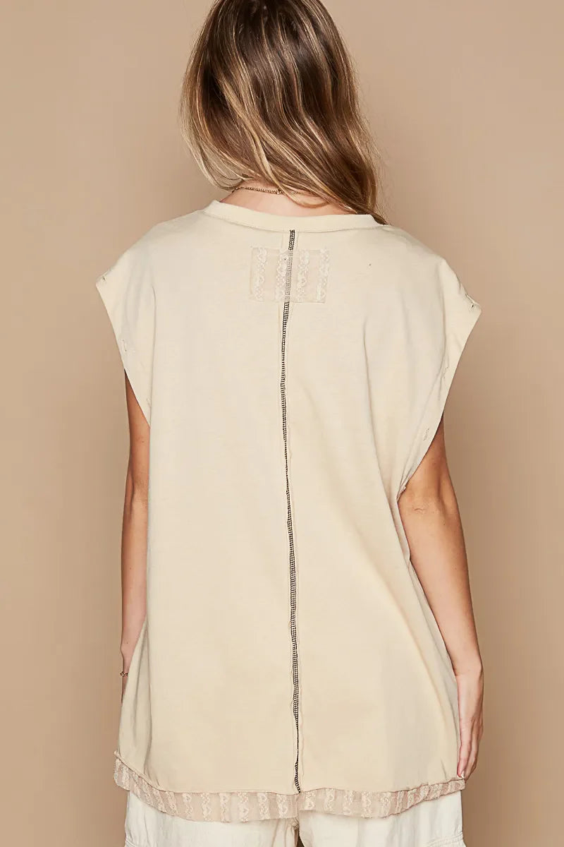 POL Star Patch Studded Sleeveless T-Shirt with Lace Hem