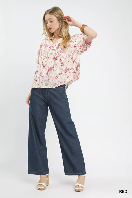 Umgee Mixed Print Puff Sleeve Split Neck Top