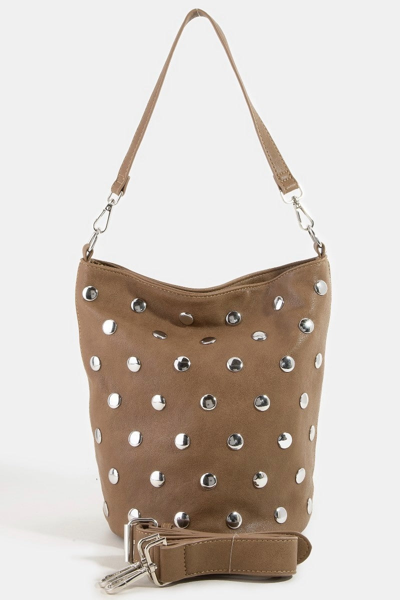 Fame Studded Leather Bucket Bag