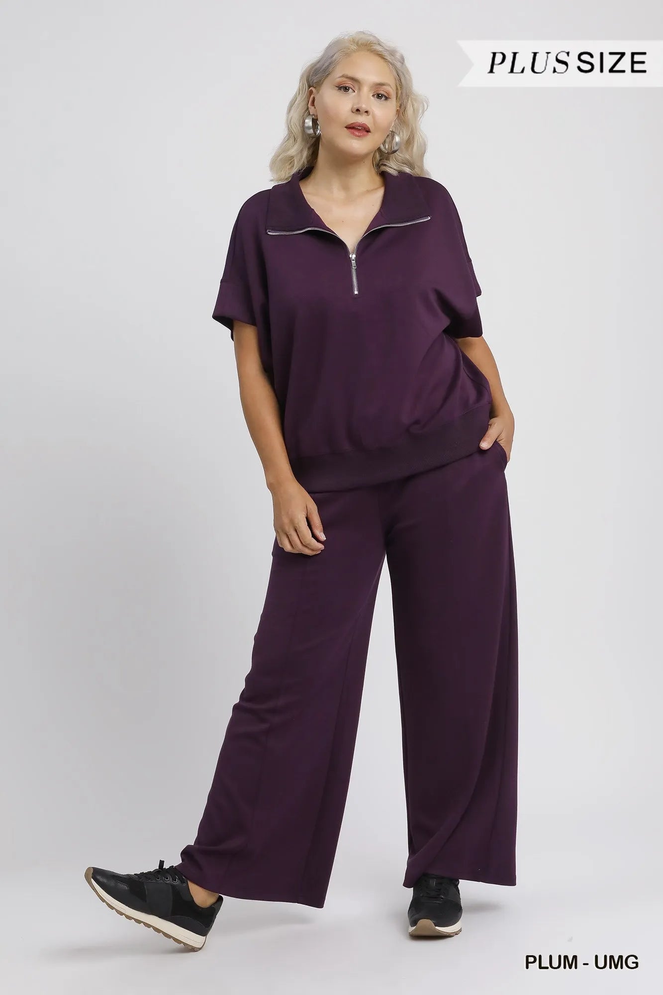Umgee Full Size Half-Zip Short Sleeve Top Plus Size