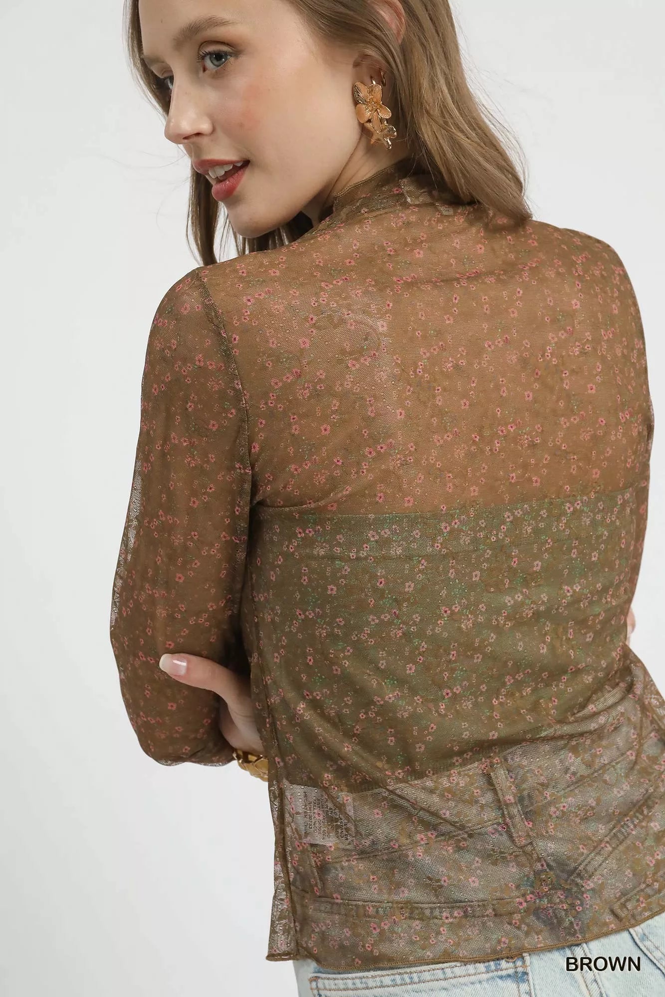 Umgee Nylon Lace Mesh Long Sleeve Top
