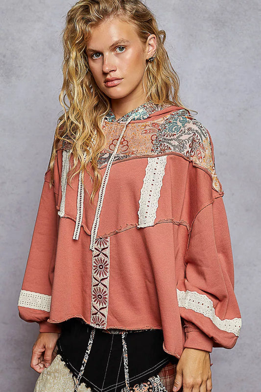 POL Drawstring French Terry Hoodie with Gauze Print Patch